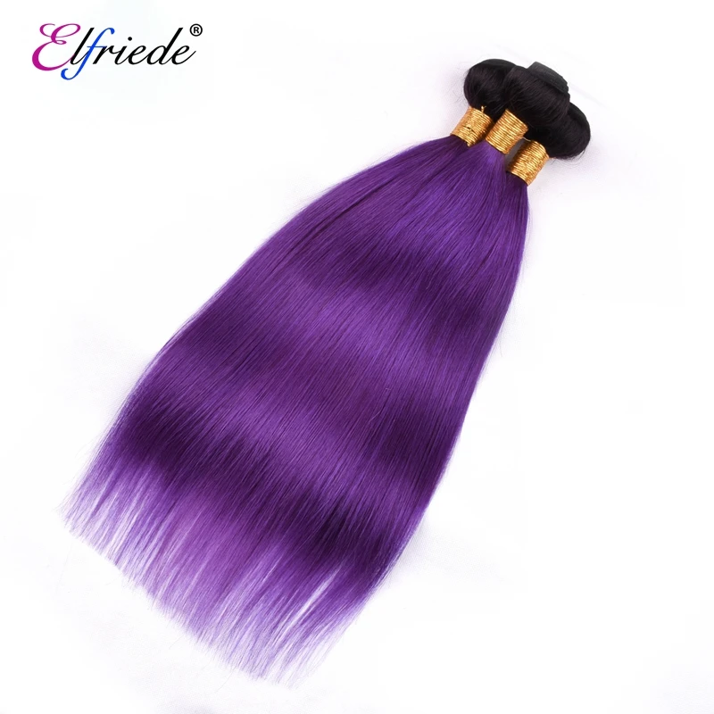 Elfriede #1B/Purple Straight Ombre Colored Hair Bundles with Closure 100% Remy Human Hair Weaves 3 Bundles with Lace Closure 4x4