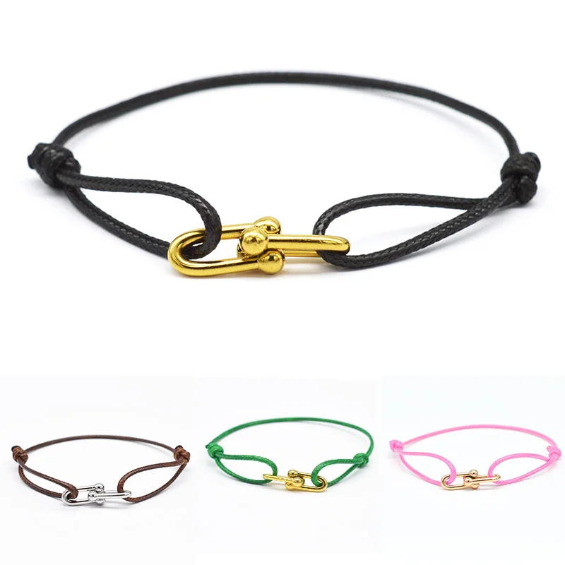 Zalman Simple Bamboo Horseshoe Buckle Bracelet Braided Ribbon Adjustable DIY Rope Bracelets Women Men Stainless Steel Jewelry