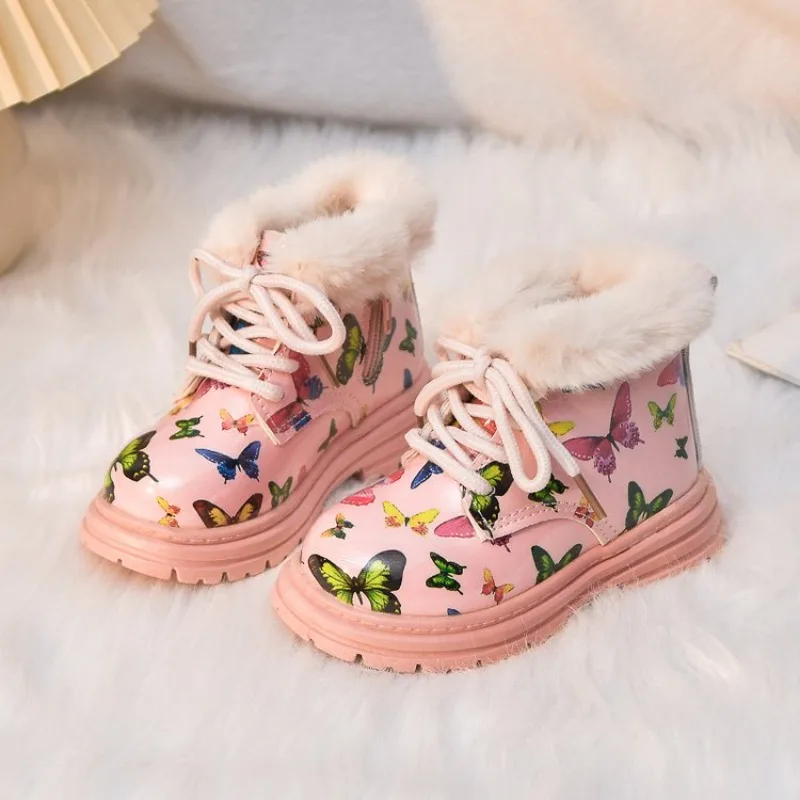 2026 New Winter Children Snow Boots Leather Butterfly Print Warm Plush Toddler Kids Shoes Non-slip Fashion Girls Boots EU 21-30