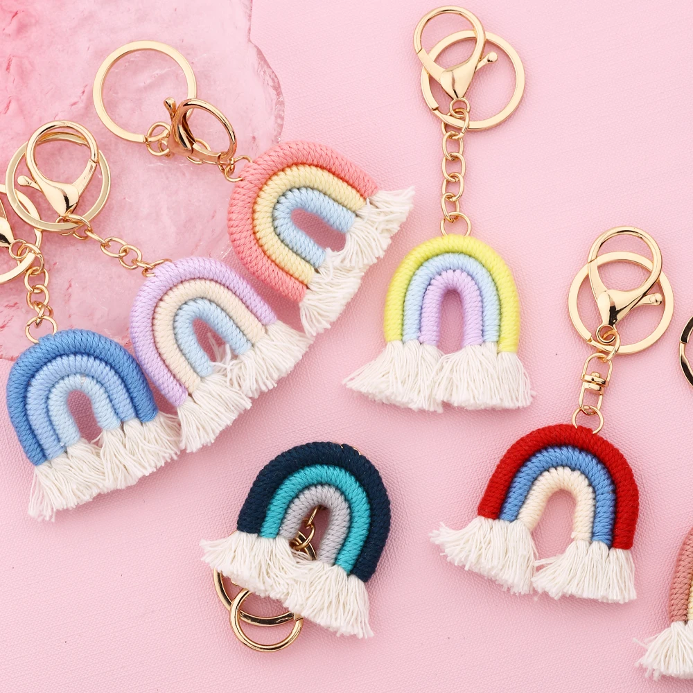 

4.2cmBoho Cotton Rainbow Tassel Keychains For Women Cute Macrame Weaving Car Keyring Holder Bag Wallet Purse Jewelry Accessories