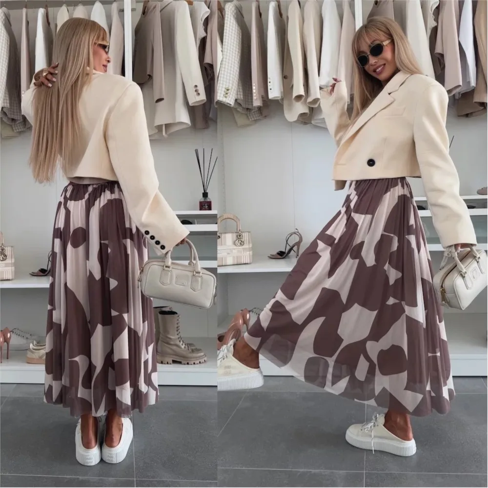 

Европейская и американская летняя новая юбка средней длины, сетчатая юбка с принтом на талии, большая распашная повседневная юбка средней длины для женщин