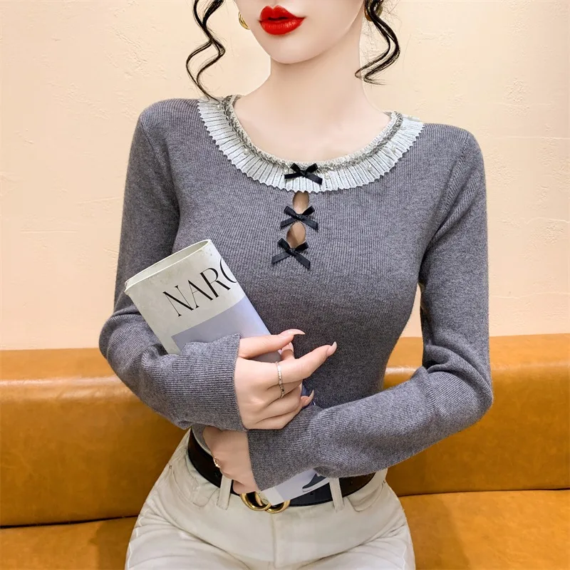 여성용 레이스 트림 매듭 장식 홀 니트웨어 슬림핏 베이스 스웨터 탑 한국 스타일 출퇴근 패션