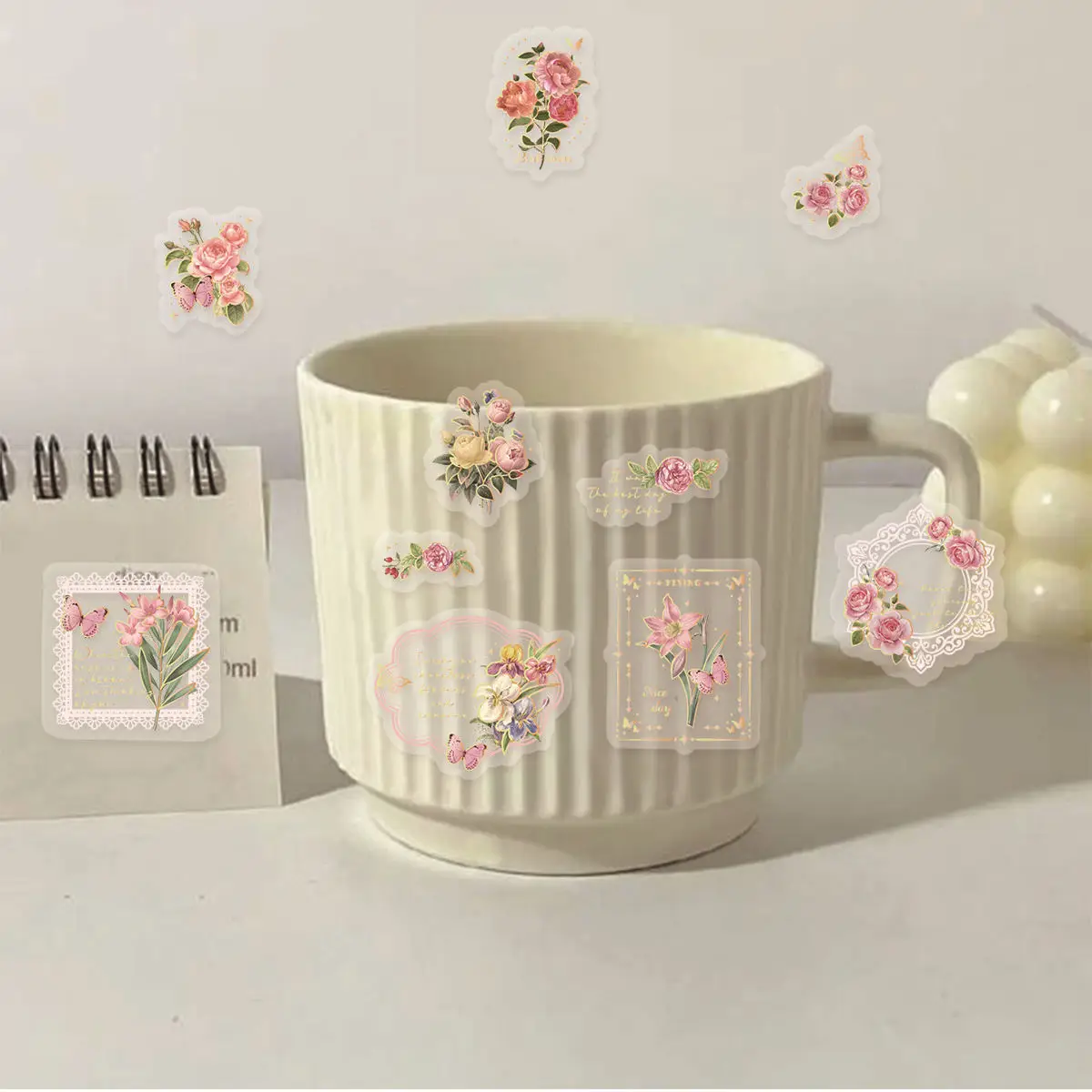 3Sheets PET Hot Stamping Process Retro Plant Pink Begonia Flower Waterproof Collage Rich Patterns DIY Cups Decoration Stickers