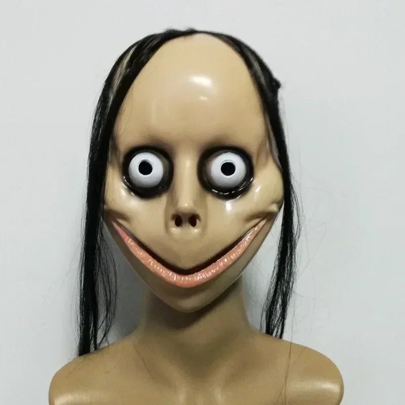 Nuovo Momo Spaventoso Copertura per il viso Halloween Horror con maschera per capelli lunghi Maschera divertente Maschera per la bocca a forma di V con capelli Fantasma femminile Gioco di ruolo
