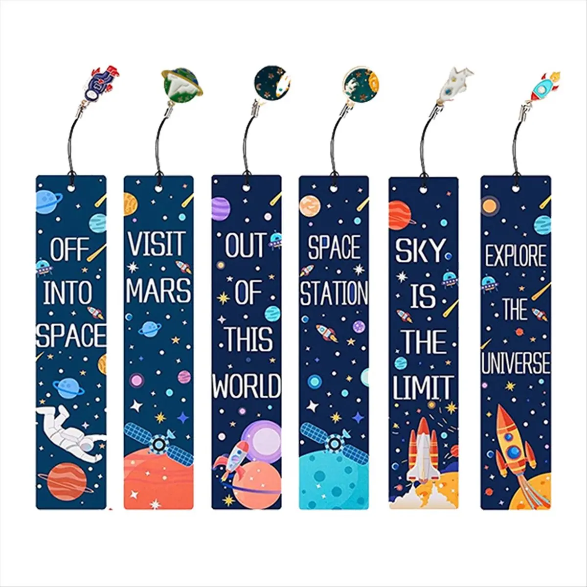 FTGT-10PCS Space Ship Theme Bookmarks with Metal Charms Planet Inspirational Quotes Cards for Kids Boys Girls
