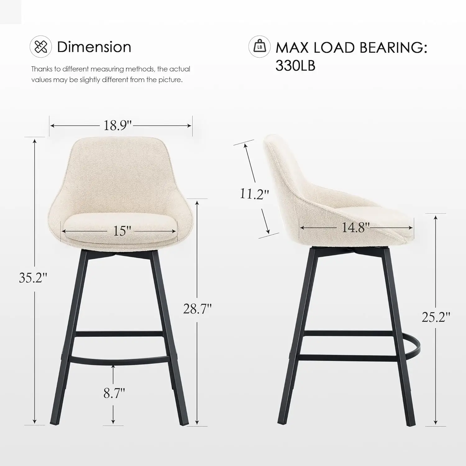 Comptoir de Comcussion, Ensemble de 2 tabourets de Bar avec Dos, Tissu Lin Monté, Beige, 26