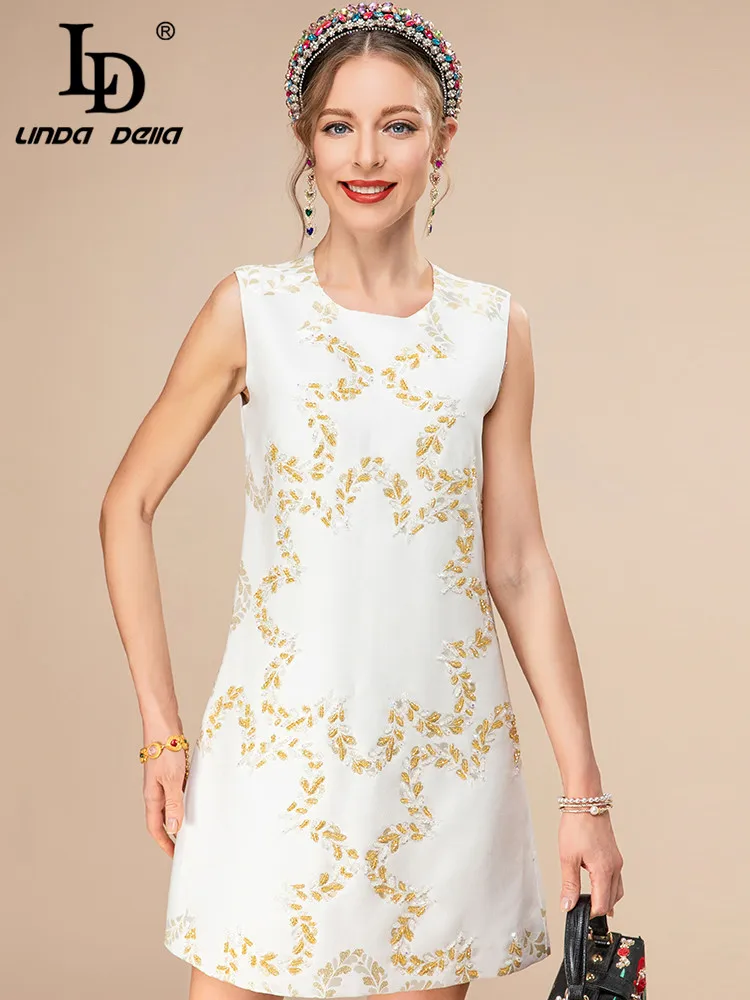 

LD LINDA DELLA 2023 New Fashion Runway Summer Short Tank Dress Women's Sleeveless Luxury Beading Jacquard White Mini Dress