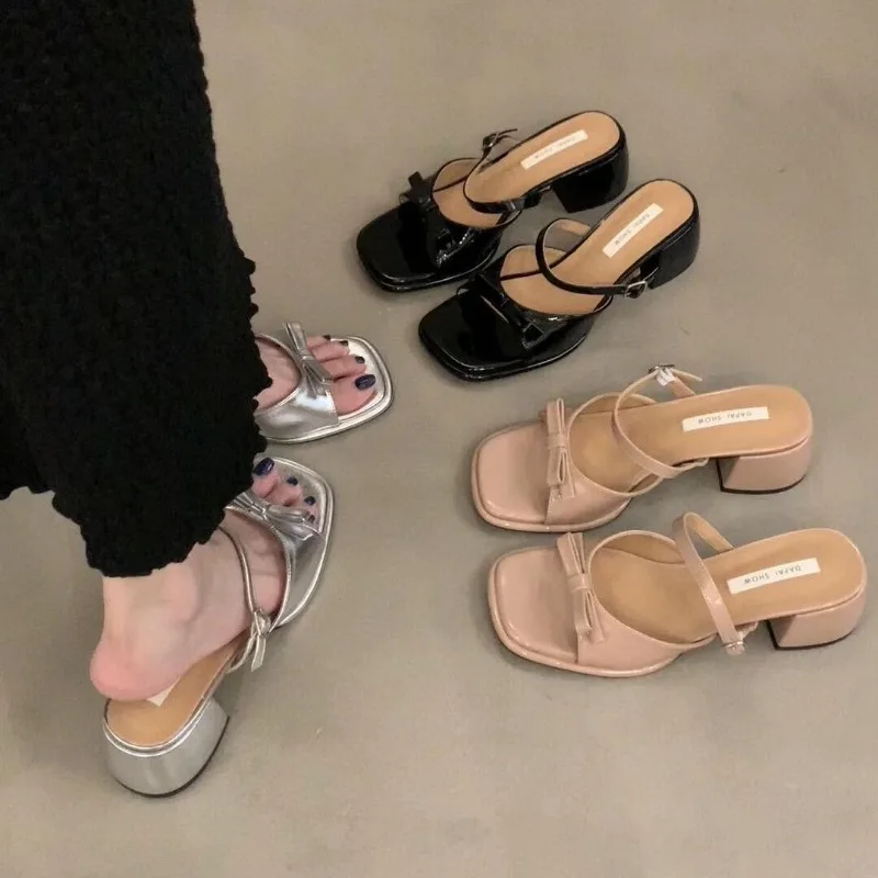 

Summer New Style Luxury Butterfly-knot Women Slippers Fashion Square Toe Dress Shoes Ladies Outdoor Concise Thick Heel Sandalias