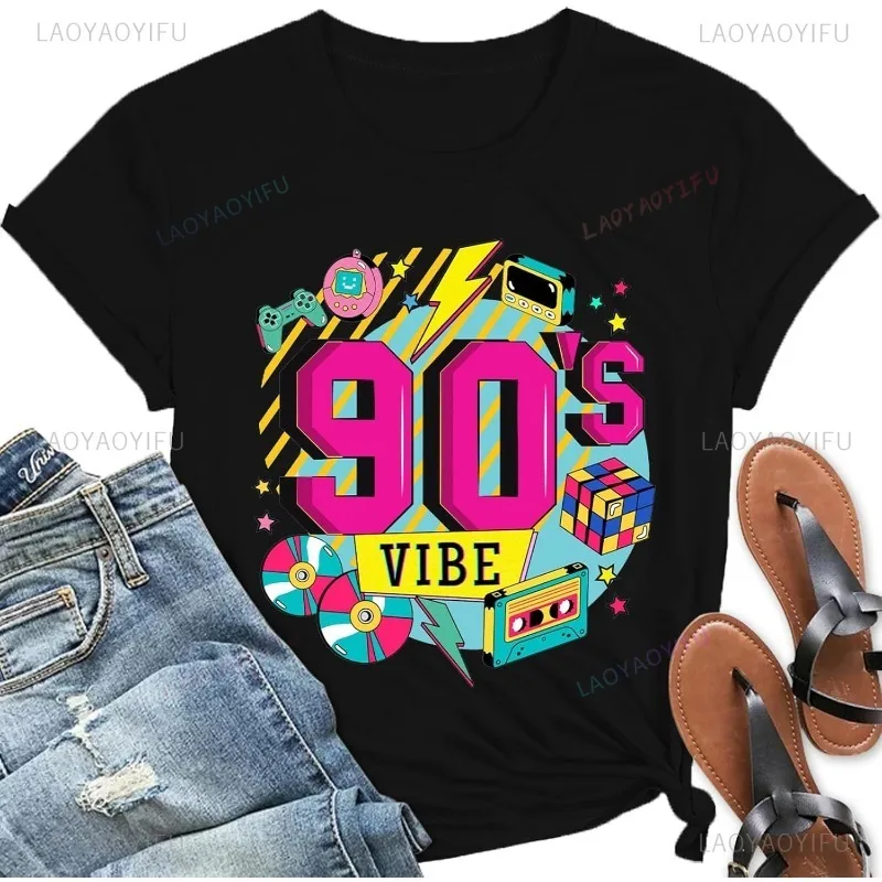 

Футболки VIBE 90-х годов, высококачественные хлопковые свободные футболки с рисунком букв, удобные летние простые классические уличные винтажные женские топы