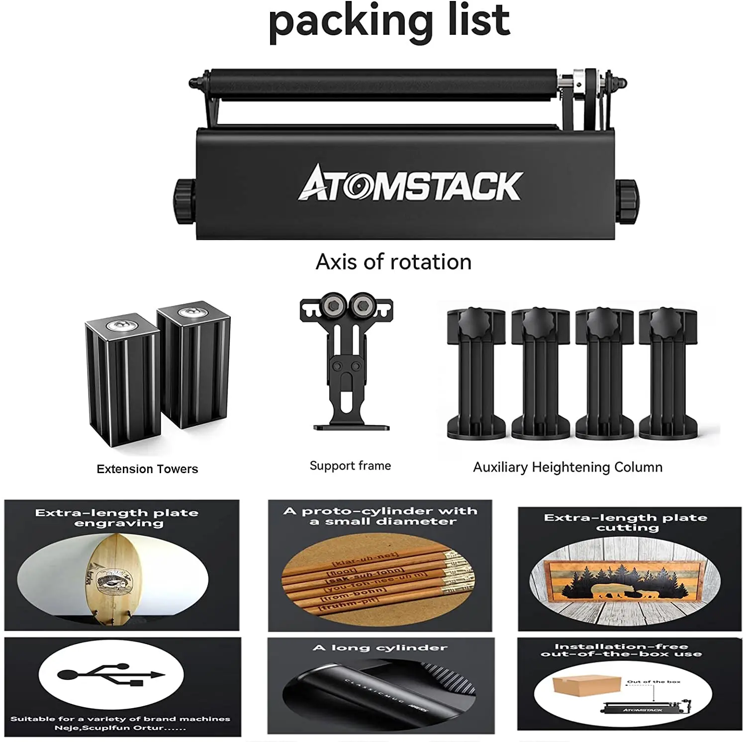 업그레이드 된 Atomstack R3 Pro 로터리 롤러, 분리형 지원 모듈 및 확장 타워 포함