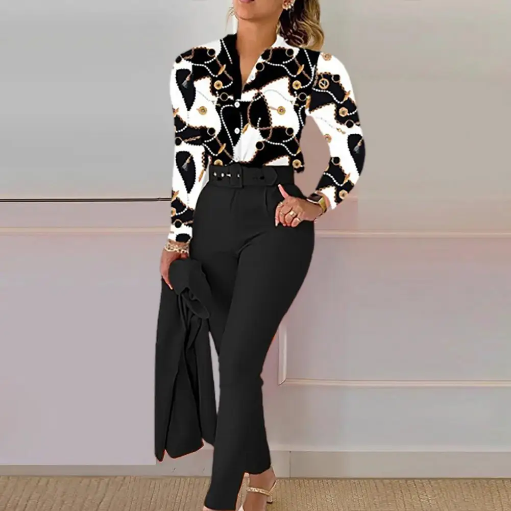 2 Pcs/Set Shirt Pants Suit Stand Collar Long Sleeve Cardigan Slim Fit Formal OL Commute Style Lady Top Trousers Set With Belt