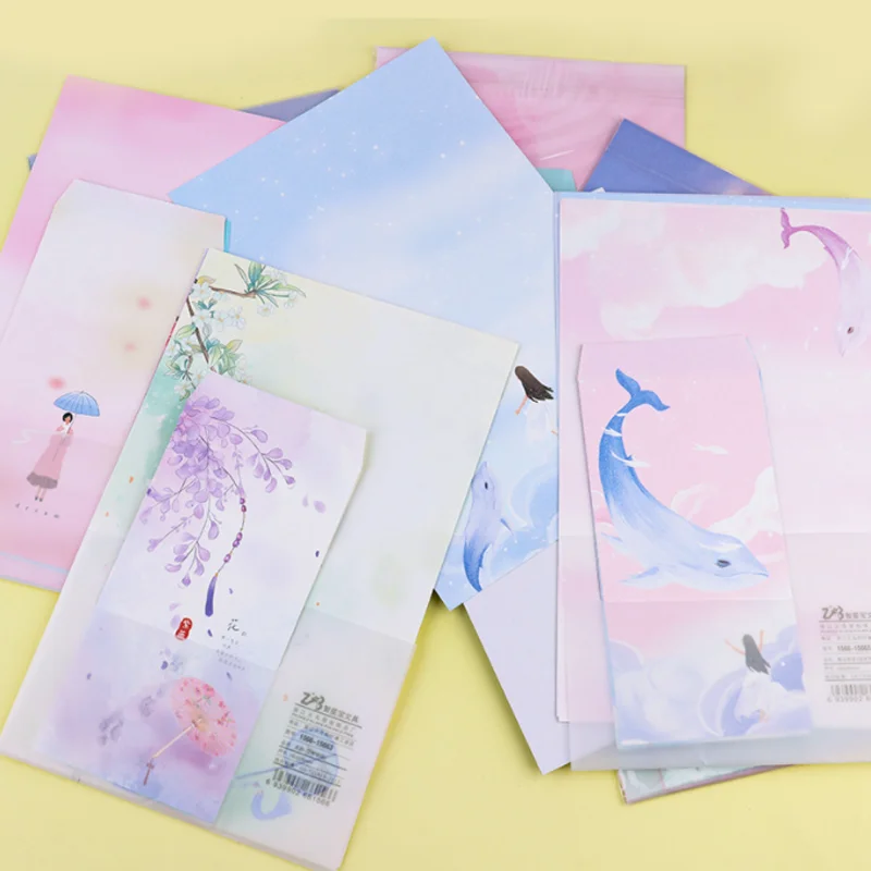 Kawaii Dolphin Envelopes Letter Paper Set Cute School Office Supplies Stationery Writing Letterhead 6 Letter Paper + 3 Envelopes