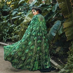 Shawl Cape Chiffon Thin Shawl Cloak Women New Peacock Long Tailed Green Lace Up Dance Costume Round Neck Cloak Half Length Dress