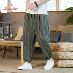 Estilo japonés raya verano de algodón de lino Pantalones de harén Hombres Streetwear transpirable Playa Pantalones Hombre Casual Pantalones hasta la pantorrilla