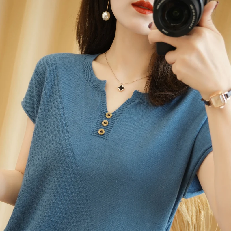 Summer Cotton Linen V-neck Short Sleeve Knitted T-shirt Women's Casual Loose Base Layer Pure Cotton Top Button Detail Classic...