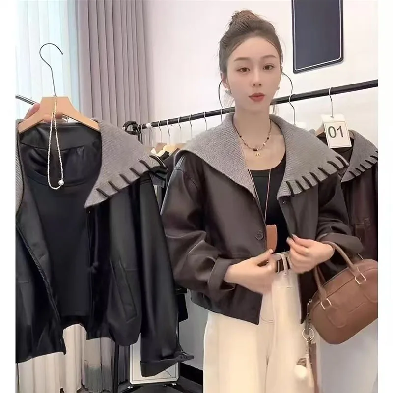 Fashion Women's Leather Coat 2026 Spring Autumn New Design Navy Collar PU Leather Jacket Short Casual Coat Top Wear Outside