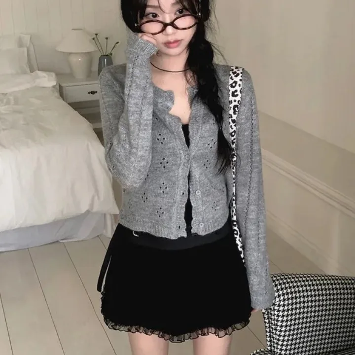 

Ele Hollow out Single Button Knitwear Women's Faionable Design ort Top Korean Sle Commute Sle Slim Fit Long Sve