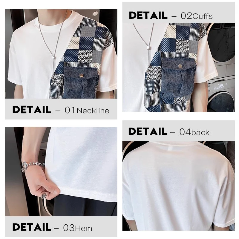 Trendy Patchwork Denim Short Sleeved Men Cotton T Shirt High Quality Cargo Pocket Casual Male T-shirts Summer Fashion Tee Tops