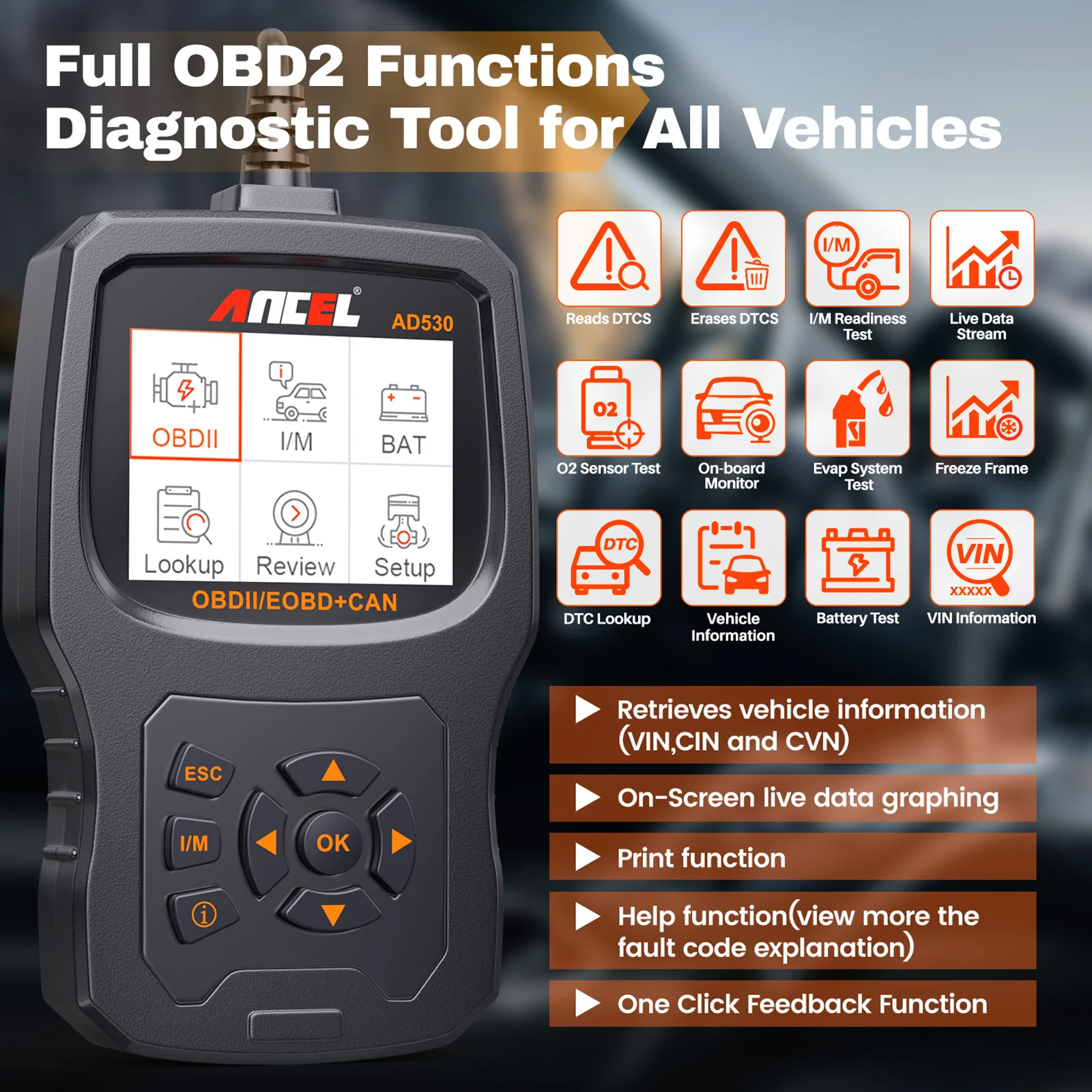 2024 ANCEL AD530 Automotive OBD2 Scanner Professional Car Code Reader Battery Tester Check Engine OBD 2 Car Diagnostic Scan Tool