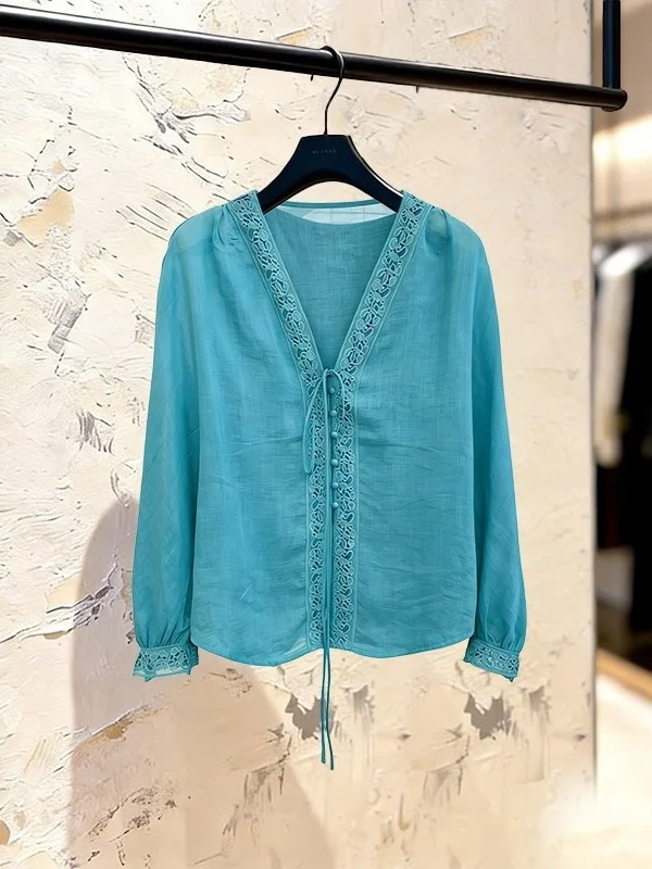 

Повседневная женская рубашка с длинным рукавом и V-образным вырезом, синяя, модная, универсальная, красивая, для офиса, в корейском стиле, свободного кроя