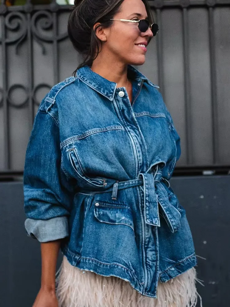 HH Conjuntos de calças jeans femininas outono gola virada para baixo mangas compridas casacos com cinto + calças soltas de cintura alta com zíper e bolsos com bainha