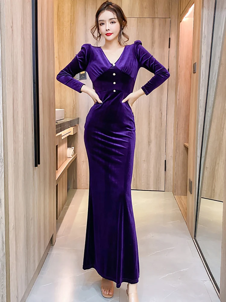 Women Purple Velvet Long Sleeve V-Neck Maxi Dress Autumn Winter Elegant Luxury Evening Dress 2025 Korean Vintage Bodycon Dresses