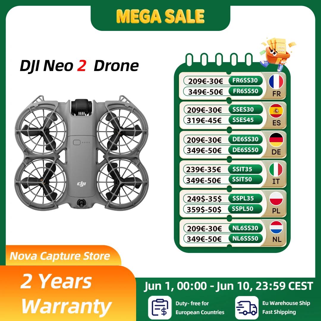 Drone DJI Neo2 avec caméra volante, vidéo 4K stabilisée, 151g léger et portable, protection d'hélices intégrale, Neo 2 C0, expédition depuis l'UE