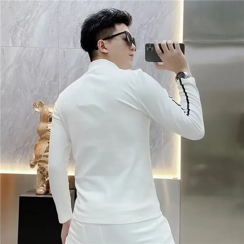 Luxury Embroidery Half High Collar Bottoming Shirt for Men Slim Fit Casual Long Sleeved T-shirts Social Sweatshirt Pullover image 5