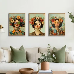 Modern Bohemian Flower Girl Portrait Canvas Prints Scandinavian Glasses Flower Bird Wall Art Poster for Living Room & Home Decor