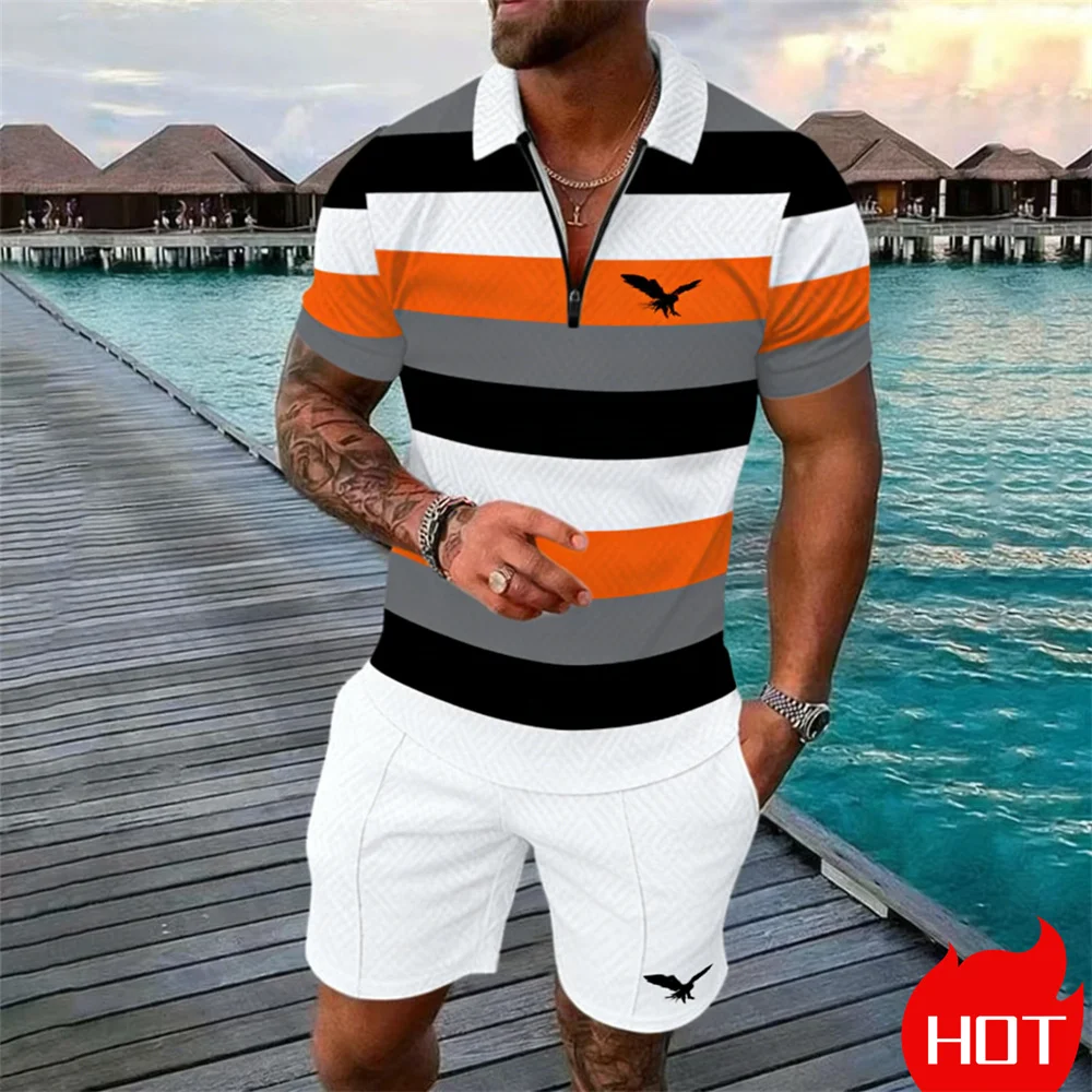 

Мужской летний комплект из 2 предметов: поло с молнией и принтом орла, модная одежда для отдыха и отпуска.