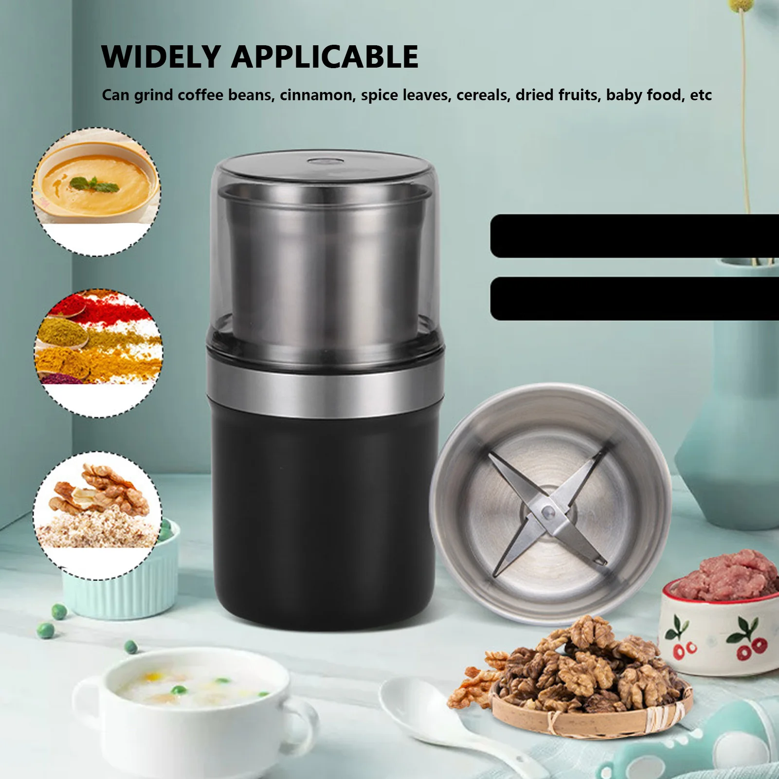 

Small Electric Grinder 100g Capacity Stainless Steel Blade Portable Home Coffee Bean Mill for Spice Nuts Cereals 110-220V