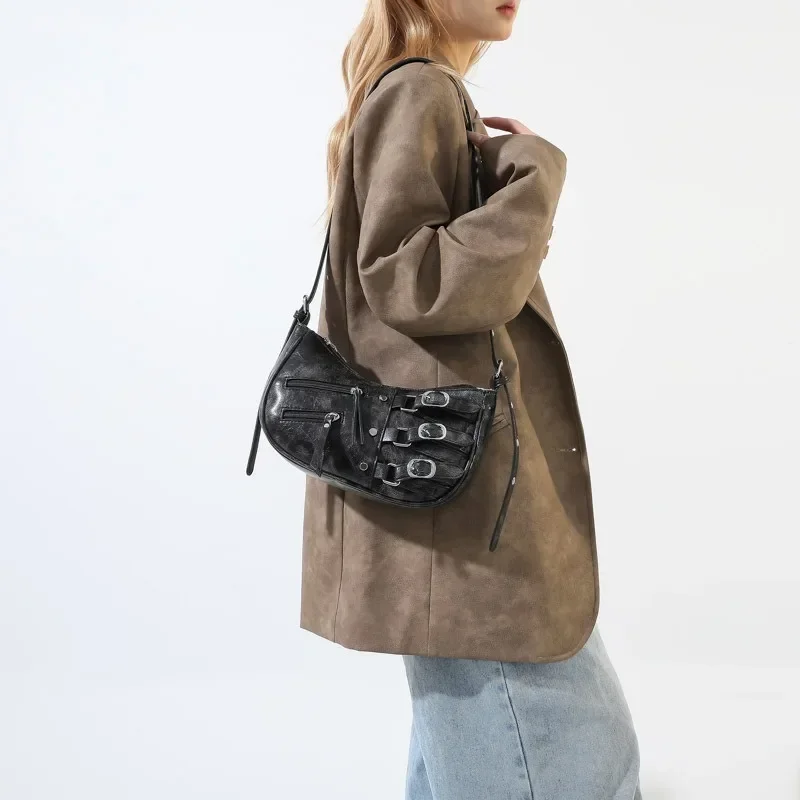 

Модные винтажные женские сумки на плечо с пряжкой, простая повседневная мотоциклетная сумка, универсальная сумка через плечо