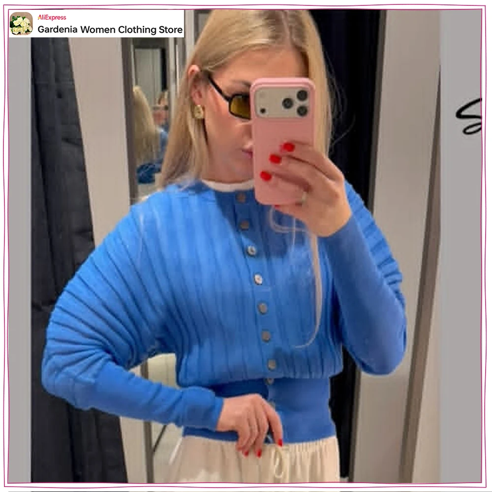 

Stylish Blue Accordion Sleeve Cardigan for Women Spring Round Neck Long Sleeve Button Knitwear with Wide Armholes and Long Cuffs