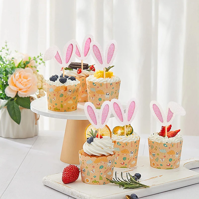 Placetas para cupcakes con Orejas de conejo de Pascua, decoración superior para cupcakes con orejas de conejo con purpurina, adecuada para suministros para fiestas de cumpleaños, baby shower