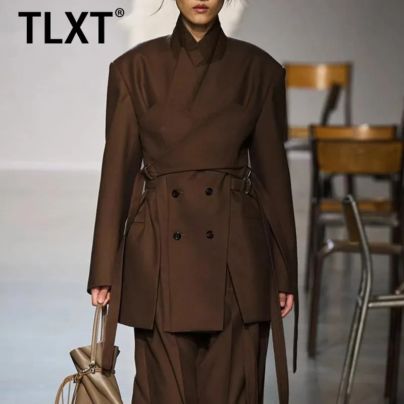 

TLXT модные женские однотонные модные куртки на шнуровке с v-образным вырезом и длинными рукавами в стиле пэчворк на пуговицах, элегантная куртка, новинка осени 2023 г.