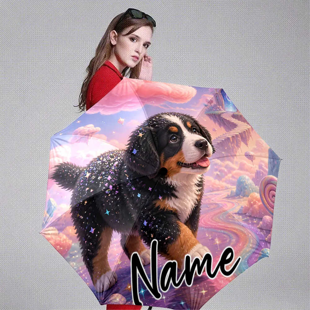 Custom Name Umbrella Sparkly Bernese Mountain Dog Puppy Pastel Sky 8 Iron Ribs Folding Umbrella Auto-Open Fashion Sunshade - view 2
