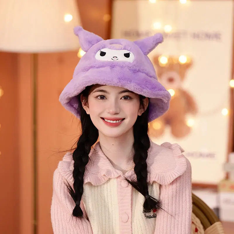 Kawaii Anime Winter Pochacco Kuromi My Melody Cinnamoroll Warm Plush Fisherman Hat Cute Cartoon Ear Protection Hat for Girls