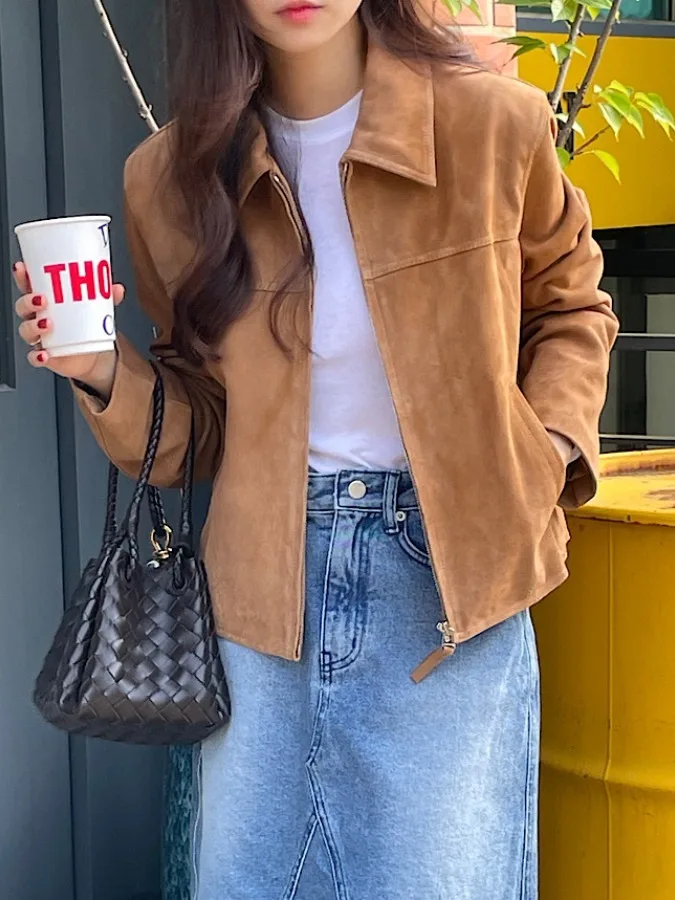 Kaki Color Suede Short Jacket Women's Spring Autumn New American Retro High-End Feelings Button up Casual Outerwear Coat