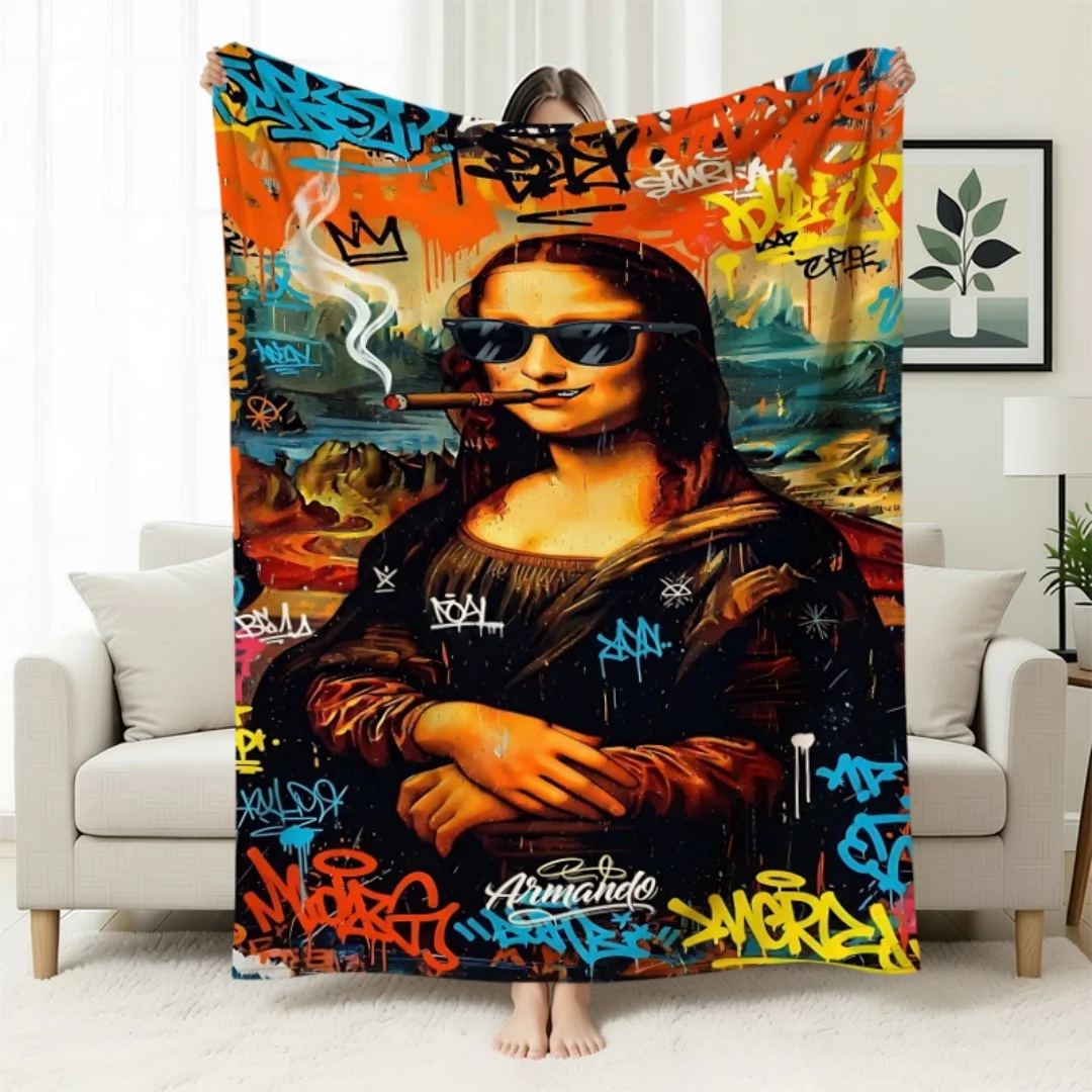 Soft Flannel Blanket Graffiti Mona Lisa Pattern Throw Blanket for Couch Bedroom Office Nap  Cozy Cover Blanket for Home Use