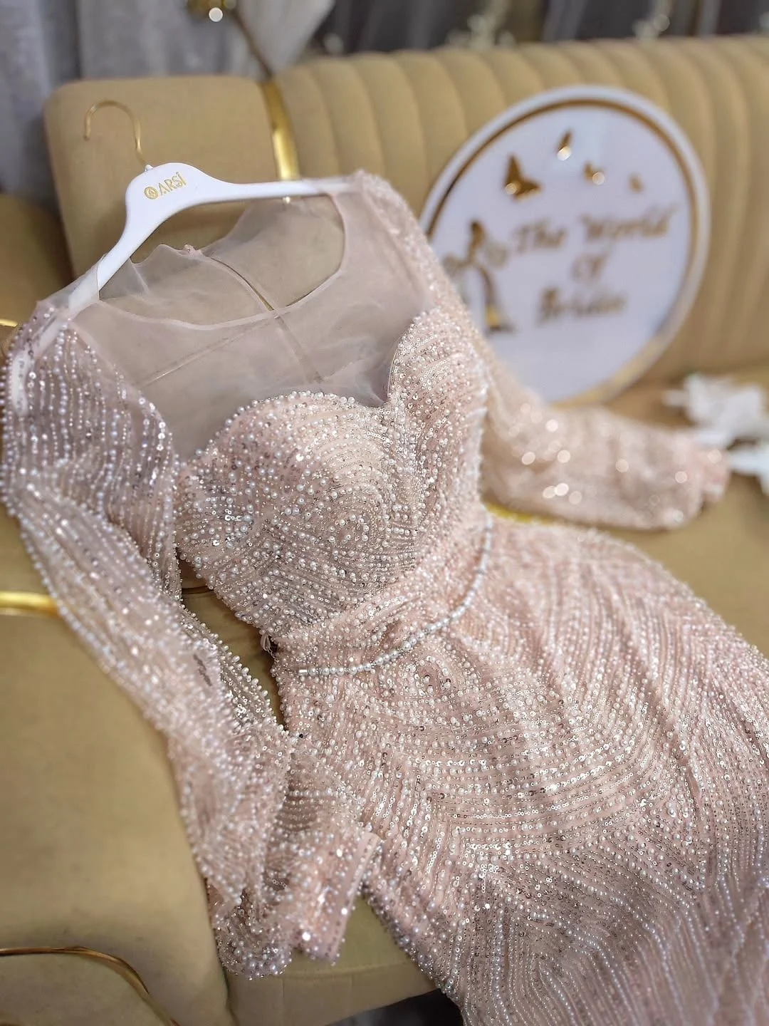 

New Design Luxury O Neck Beading Illusion Pearls Sashes Elegant Full Sleeves Mermaid Evening Prom Formal Party Dress