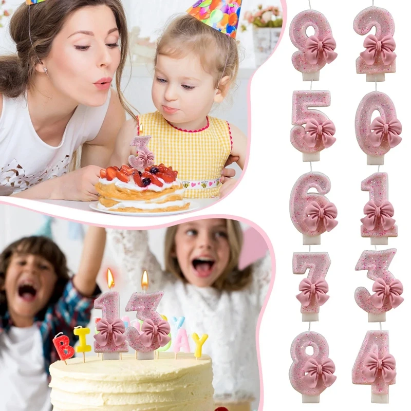 Décoration de Gâteau en Forme de Chiffres 3D avec Nministériels d Rose Mignon, Fournitures de ixd'Anniversaire pour Bébé Fille, Bougie Numérique 0-9