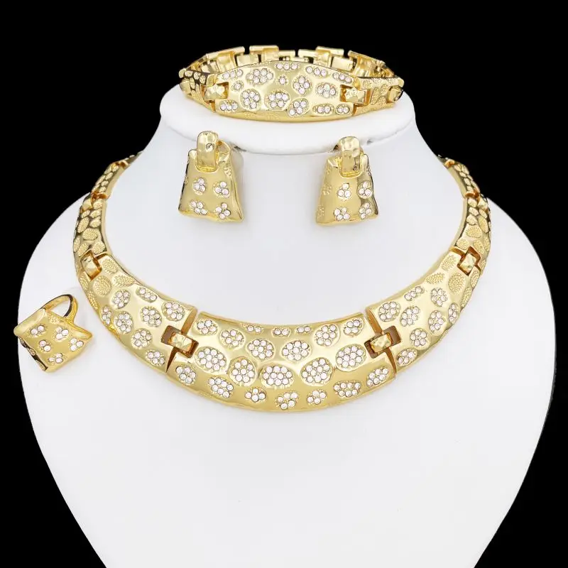 

Dubai Gold Plated Jewelry Set For Women High Quality Round Necklace Ring Earrings Bracelet