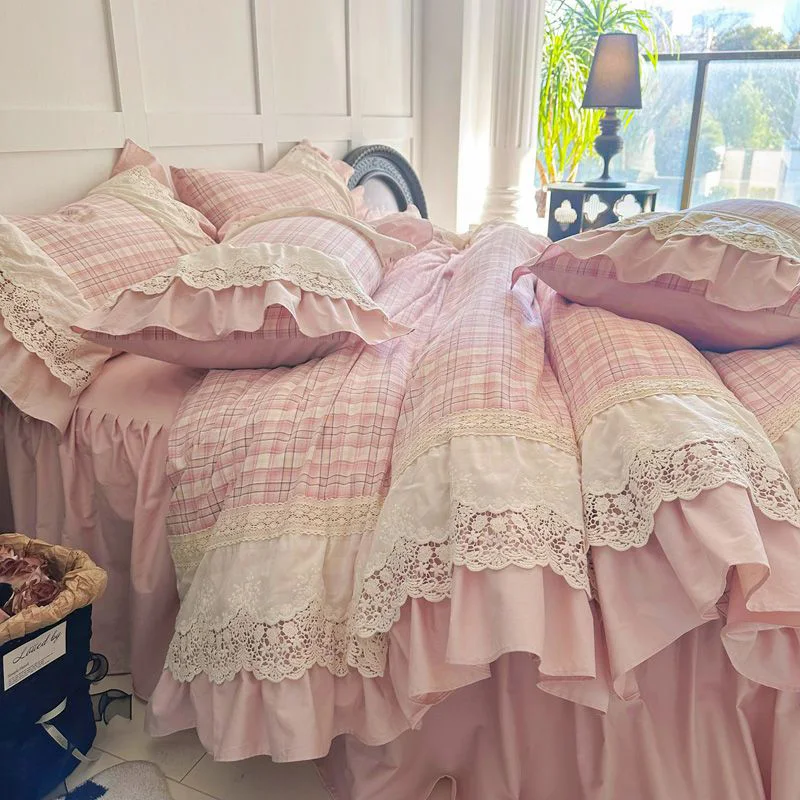 

Vintage French Plaid Lace Ruffles 100% Cotton Bedding Set Duvet Cover Set Bed Sheet/Bed Skirt/Fitted Sheet Pillowcases 4Pcs