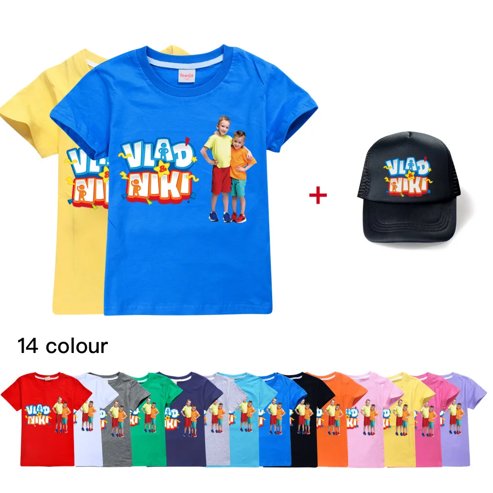 

Vlad and Niki Boys Girls Short T-Shirt Summer Cotton Kids Tops Cartoon Graphic Tees Funny Children O-neck Tshirt+Sunhat