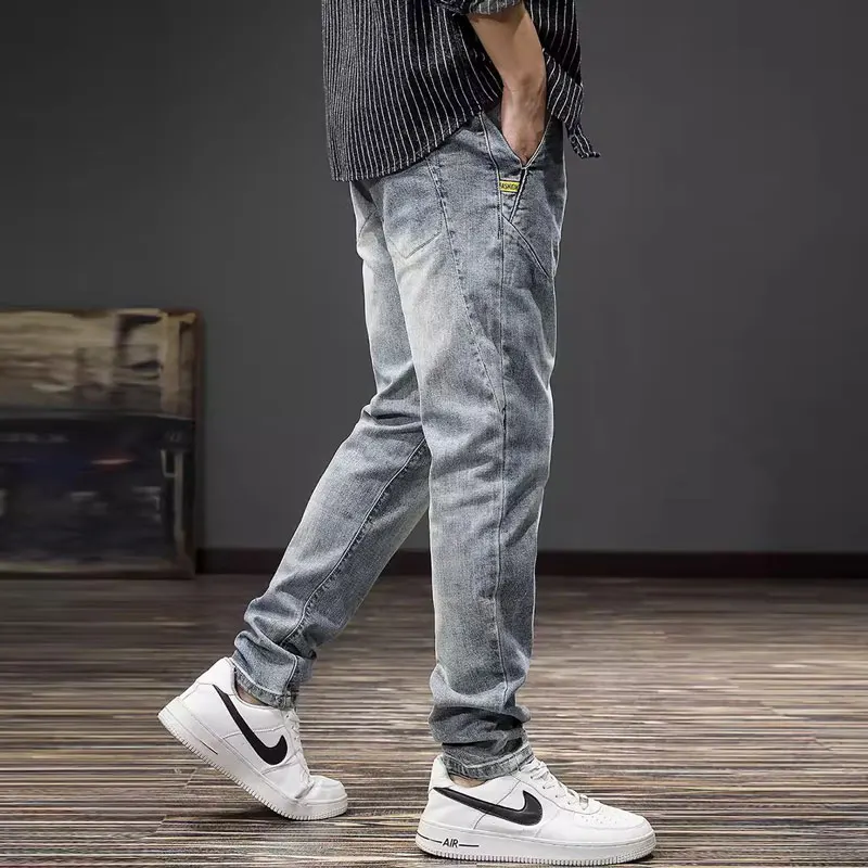 Fashion Designer Men Jeans Retro Blue Elastic Slim Fit Spliced Vintage Jeans Men Korean Style Casual Denim Pencil Pants Hombre