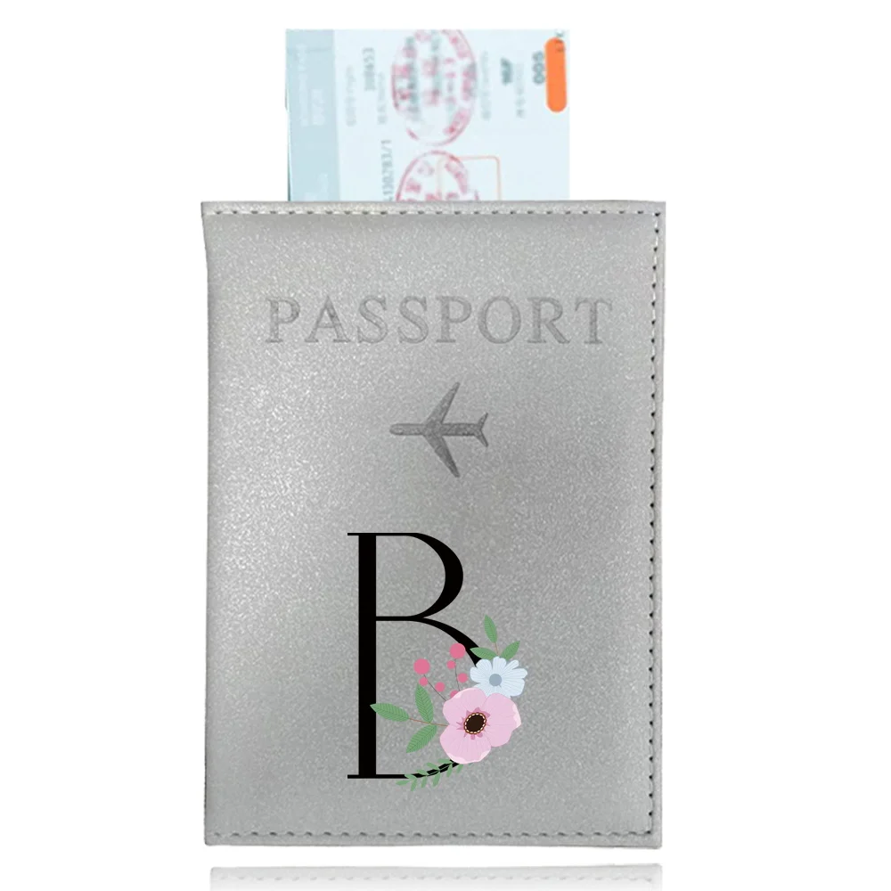 Soporte para pasaporte de PU, fundas para boletos de Color plateado, estampado de flores negras, Serie de identificación, funda para tarjeta de crédito, accesorios de viaje