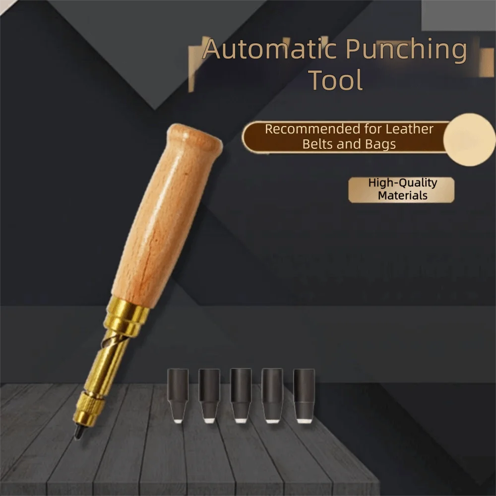 Adjustable Belt Hole Puncher 6 Tips Size Replaceable Multi-Head Leather Hole Punch Wooden Handle Semi-Automatic