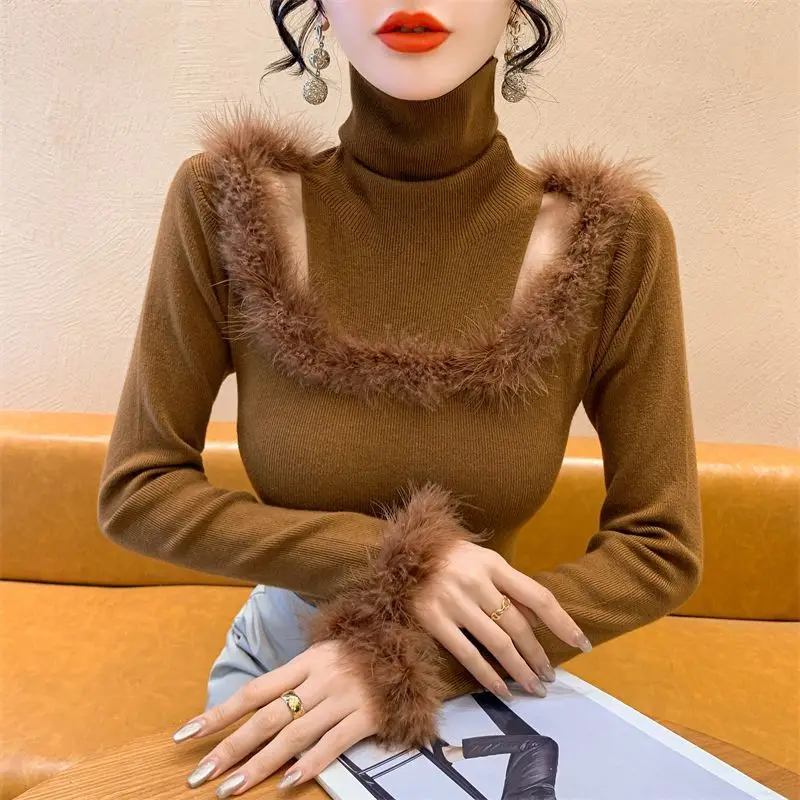 Hollow Out Splicing Fur Autumn and Winter High Neck 2023 Slim Fit Long Sleeved Base New Winter Pure Desire Internet Famous Top