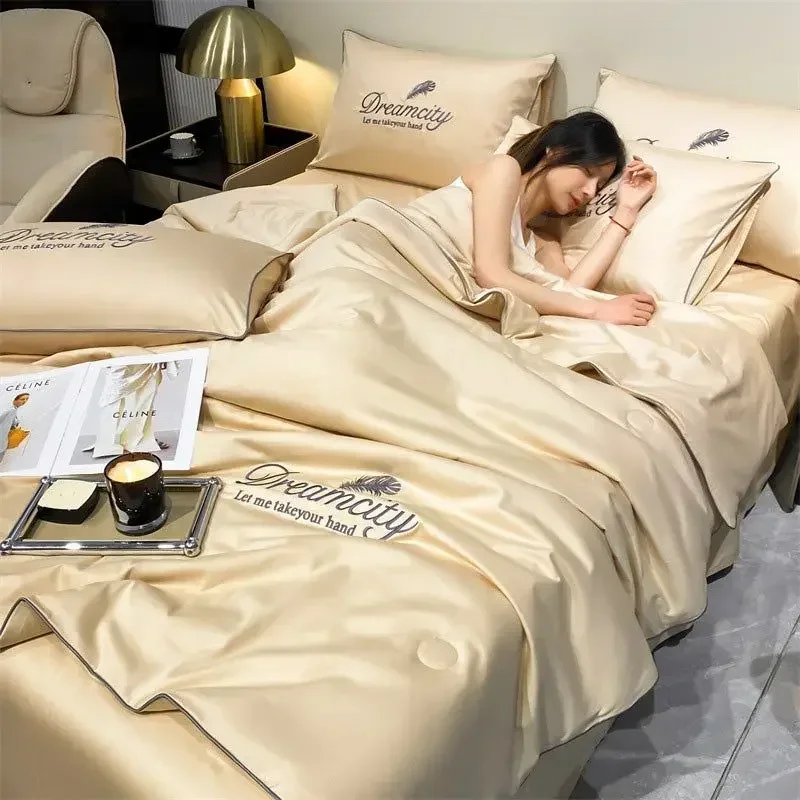 

Luxury Embroidery Summer Simple Cool Ice Silk Quilt Breathable Queen Quilts Cooling Comforter Bedding Sets Ice Rayon Blanket