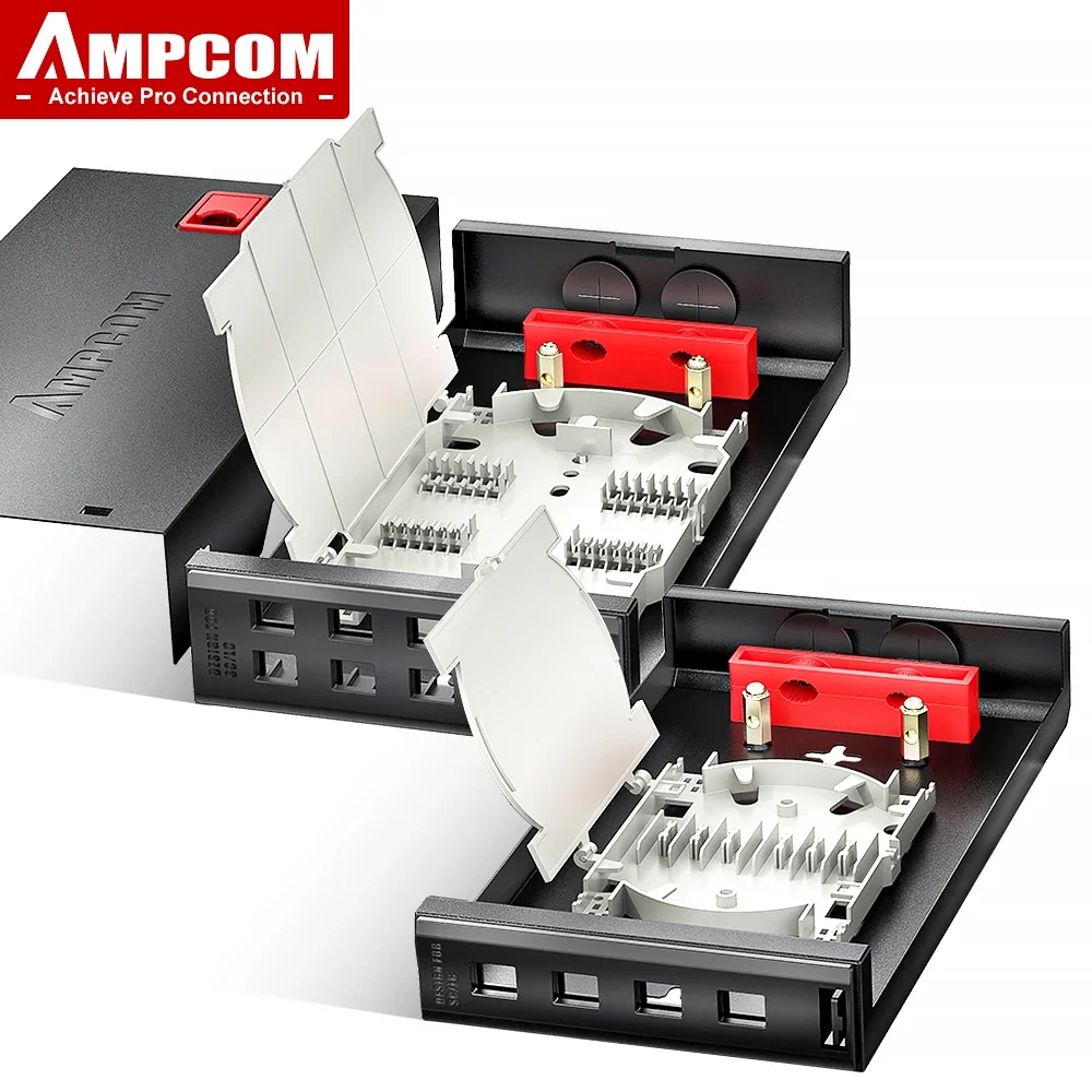 AMPCOM 4/8 Port Screwless Embedded Fiber Optic Termination Blank Box with Latest Patented Front Panel & Cover Latch for SC/LC/FC